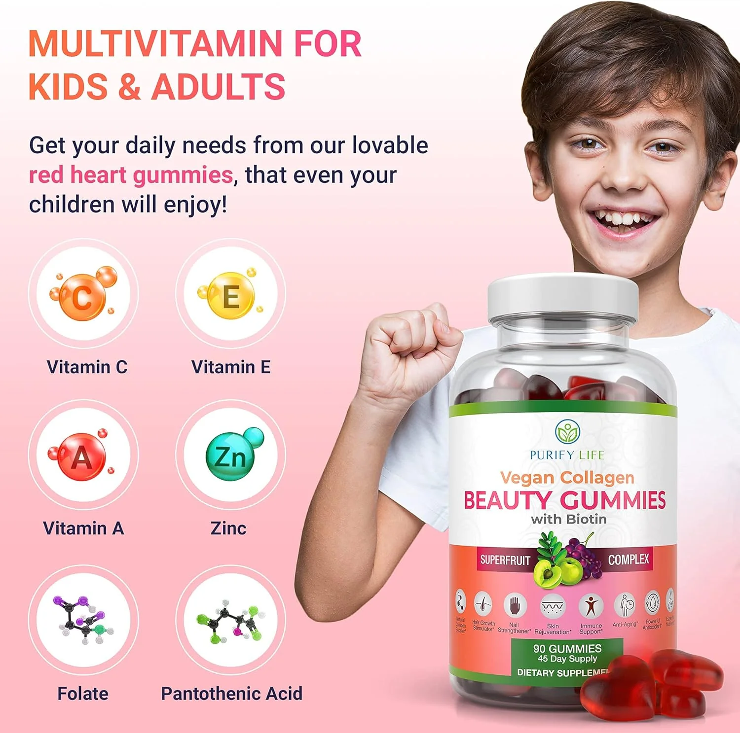 Vegan Collagen Booster Gummies with Biotin Vitamins for Hair Skin and Nails Health, Anti-Aging (90 Chews) - Image 3